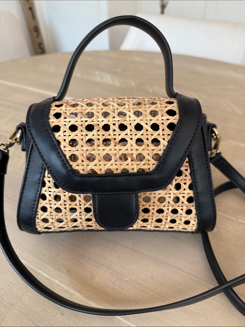 Woven Bamboo Crossbody Bag with Black Trim